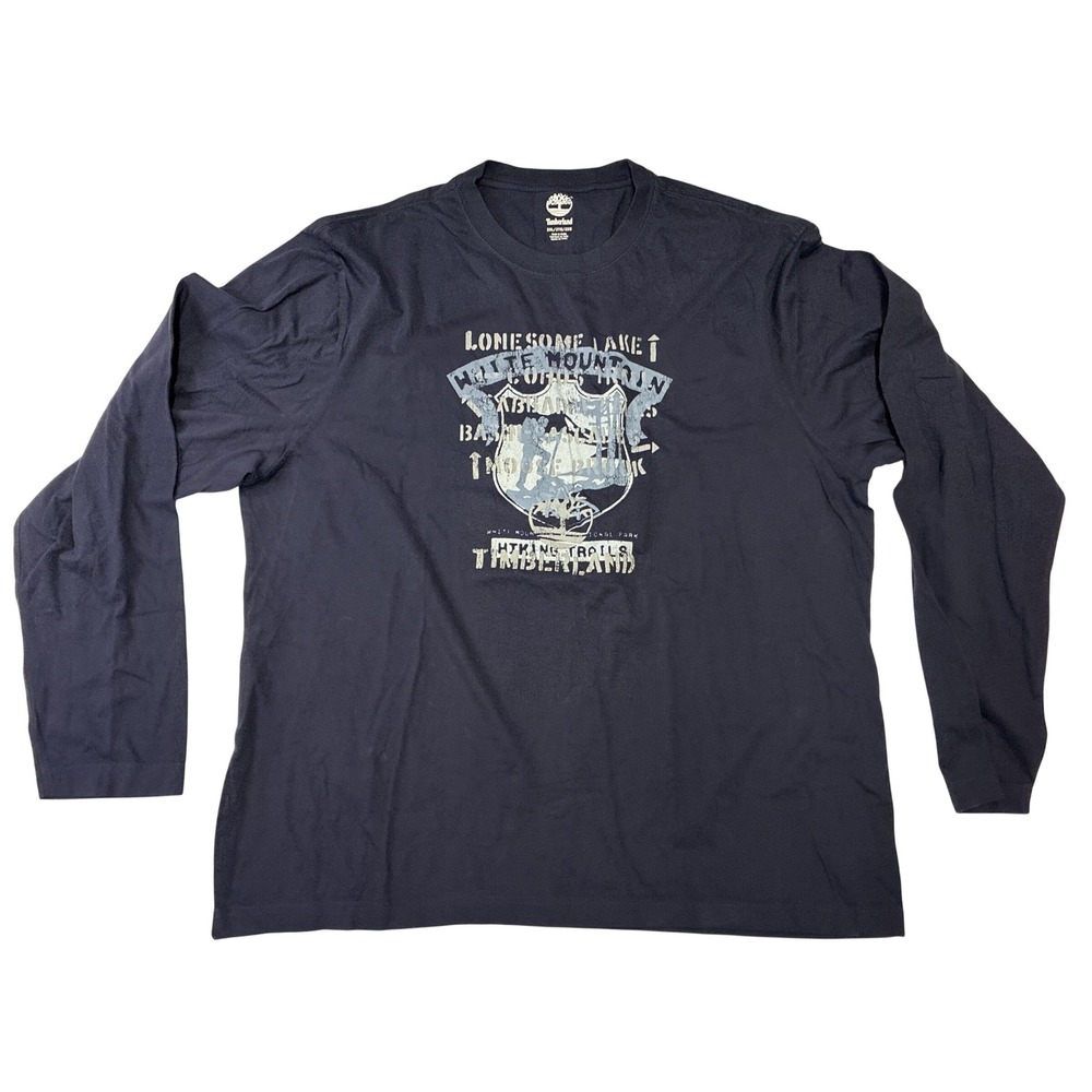 Timberland Mens 2XL Navy Blue Long‎ Sleeve Graphic T-Shirt White Mountain Hiking